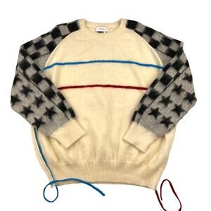 Facetasm - Men's Crew Neck Check Sleeve Sweater with Laces in Cream Red & Blue
